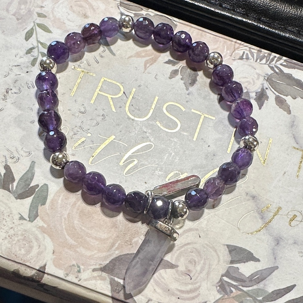 Purple Amethyst Beaded Bracelet with Silver Accents